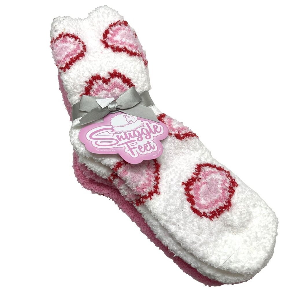 3 X Snuggle Feet Socks Womens Pink  Red White Hearts Soft Cozy Warm Fuzzy Sz 5/9